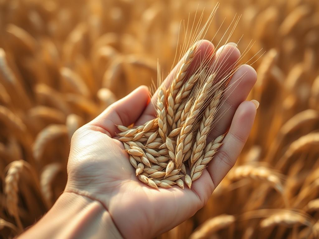 A hyper-realistic close-up photo of golden wheat grains, shot with a 45mm f/1.2 lens, emphasizing texture and detail. Background is soft, blurred wheat fields in shades compatible with rgb(50, 170, 39). The composition focuses on the grains held gently in a farmer's hand, capturing natural light to enhance the warm tones.