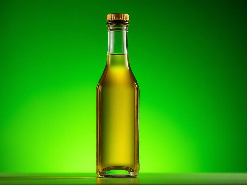 A hyper-realistic close-up shot of a single bottle of premium olive oil, captured with a 45mm f/1.2 lens style. The bottle is clear glass, showcasing the rich golden-green oil inside. The background is softly blurred with a complementary rgb(50, 170, 39) green tone, highlighting the bottle's texture and the oil's clarity. The composition is simple and centered, emphasizing purity and quality.
