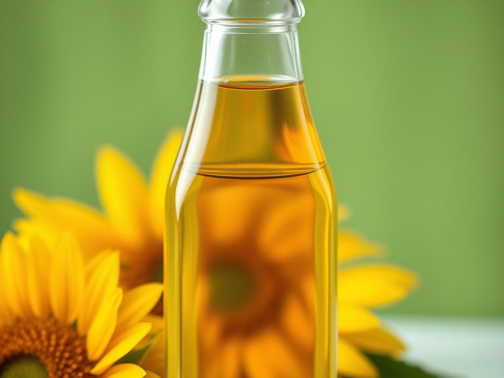 A close-up shot of a clear glass bottle filled with golden sunflower oil, with a sunflower partially visible in the background, shot with a 45mm f/1.2 lens. The image is hyper-realistic, with sharp focus on the bottle and oil texture, set against a soft background featuring subtle green hues matching rgb(50, 170, 39). The composition is simple and clear, emphasizing purity and natural quality.