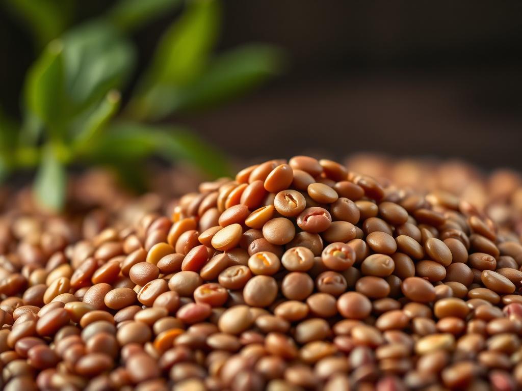 A hyper-realistic close-up photo of organic lentils, vibrant and glossy, shot with a 45mm f/1.2 lens. The composition centers on a single pile of lentils with a softly blurred background featuring subtle green rgb(50, 170, 39) highlights to evoke natural purity and organic quality.