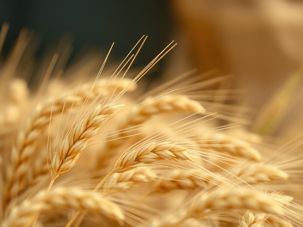 A close-up shot of premium wheat grains, golden and plump, captured in hyper-realistic detail with a 45mm f/1.2 lens. The grains are sharply focused against a soft, blurred background featuring natural earthy tones with subtle hints of rgb(50, 170, 39) green, symbolizing freshness and quality.