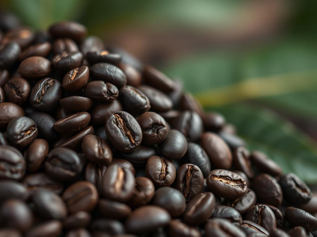 A detailed close-up of dark roasted Robusta coffee beans, captured with a 45mm f/1.2 lens in hyper-realistic style. The beans are sharply focused against a blurred background showing subtle rgb(50, 170, 39) green tones, emphasizing freshness and quality in the coffee trade.