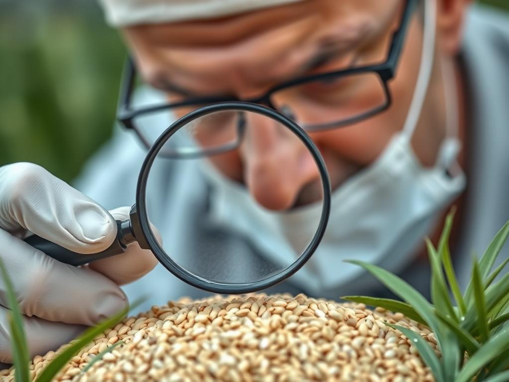 A hyper-realistic close-up shot of a professional inspecting fresh agricultural commodities, such as grains or seeds, with a magnifying glass. The image is captured with a 45mm f/1.2 lens style, focusing sharply on the texture and quality of the product. The background is softly blurred, emphasizing the detailed inspection process. The color palette complements rgb(50, 170, 39) with natural green tones and earthy hues, conveying freshness and quality assurance.