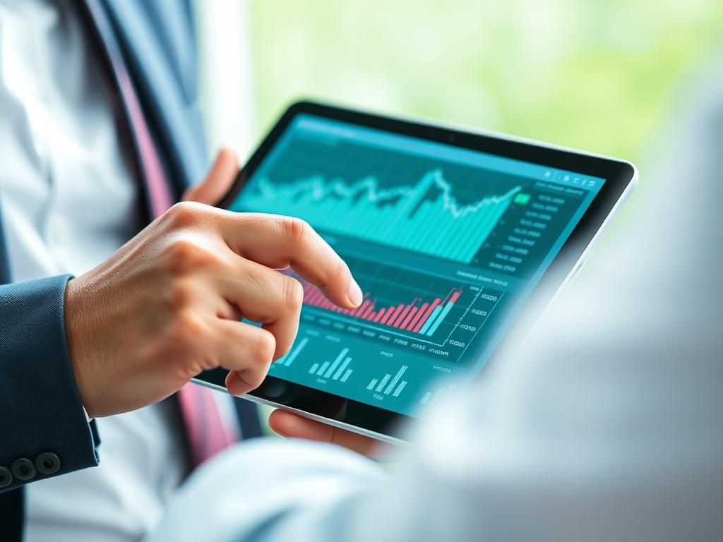 A close-up, hyper-realistic photo of a professional consultant analyzing agricultural commodity data on a digital tablet. The focus is on the consultant's hands and the tablet screen showing market charts. The background is softly blurred with hints of green tones compatible with rgb(50, 170, 39). The image is shot with a 45mm f/1.2 lens style, emphasizing clarity and detail.