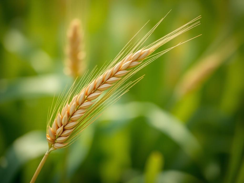 A hyper-realistic, close-up shot of a single grain stalk with ripe grains in focus, captured with a 45mm f/1.2 lens style. The background is softly blurred with a natural outdoor setting featuring a vibrant green color (rgb(50, 170, 39)) to complement the grain stalk. The composition is simple and clear, emphasizing the texture and detail of the grains under natural light, without any text or abstract elements.