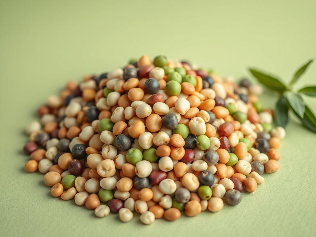 A hyper-realistic close-up shot of a single pile of mixed legumes including beans, lentils, and peas, captured with a 45mm f/1.2 lens. The image has vibrant natural colors with a focus on texture and detail, set against a smooth background with a subtle rgb(50, 170, 39) green tint to complement the primary color theme. The composition is simple and clear, highlighting the legumes as the sole subject.