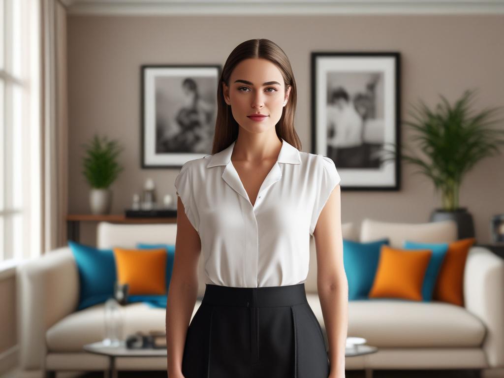 A beautiful, elegant woman in a sophisticated outfit, standing confidently