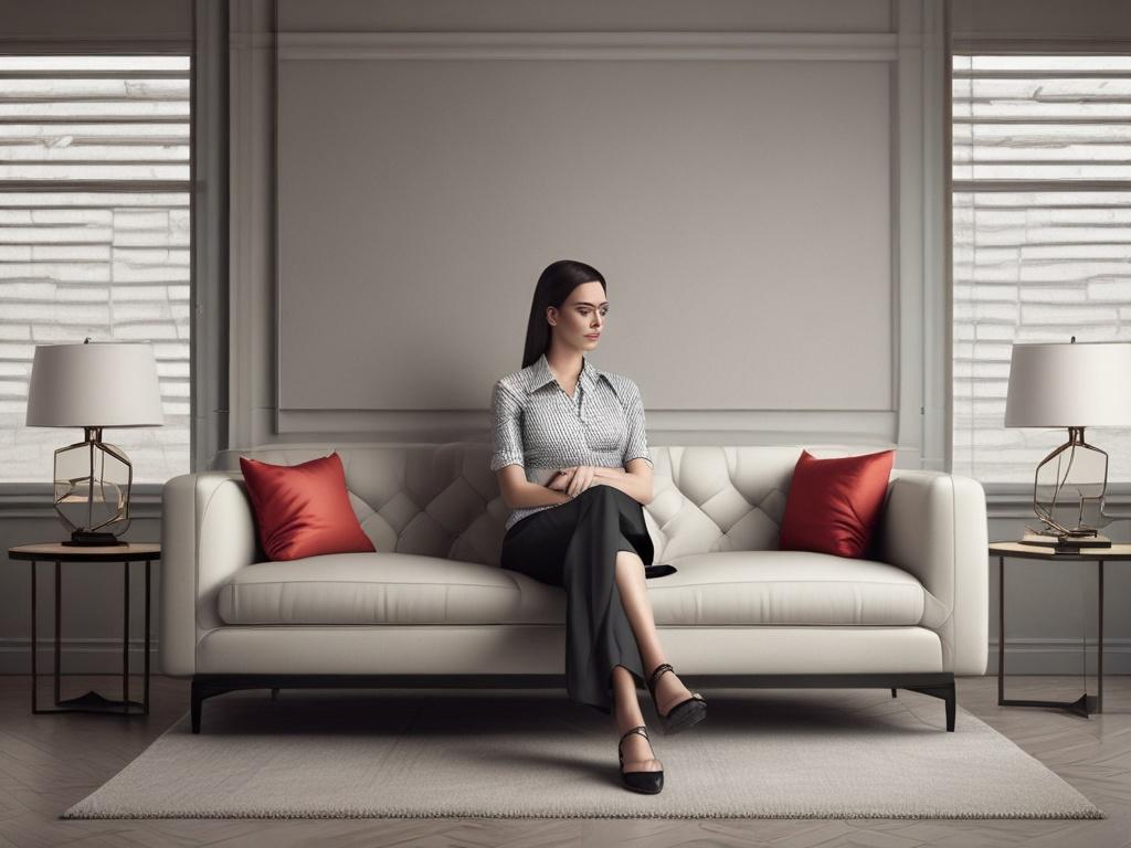 A stylish woman sitting elegantly on a plush sofa in