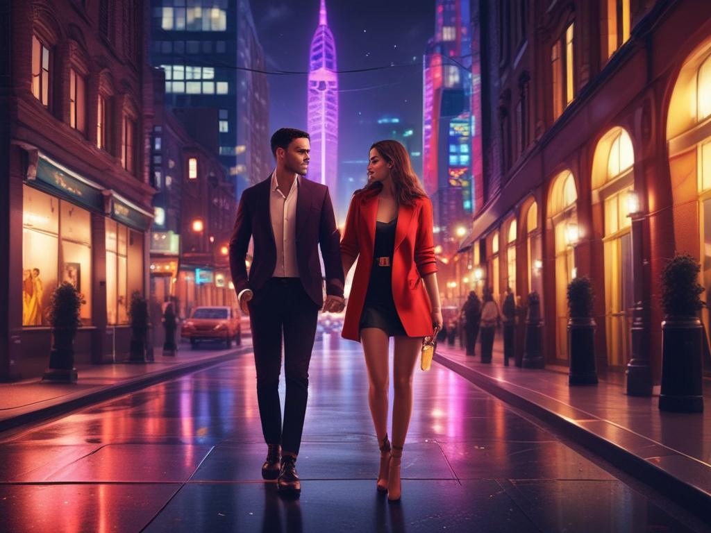 A vibrant scene of a stylish couple enjoying an exciting