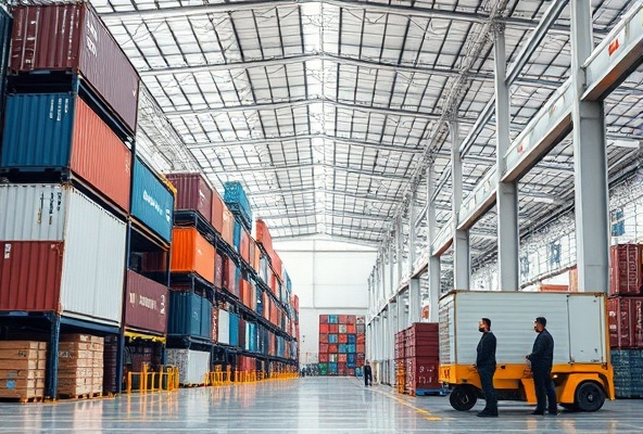Modern logistics warehouse with freight and containers