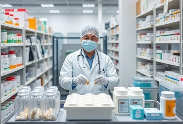 Medical professionals handling pharmaceutical goods