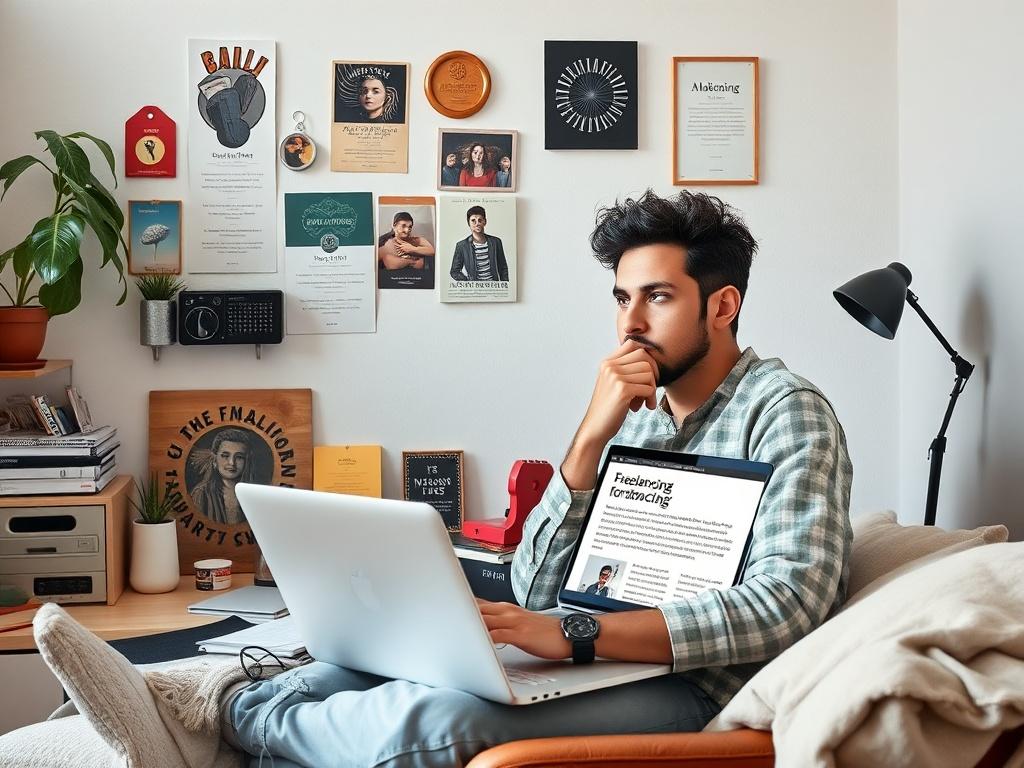 A high resolution image depicting a thoughtful freelancer reflecting on