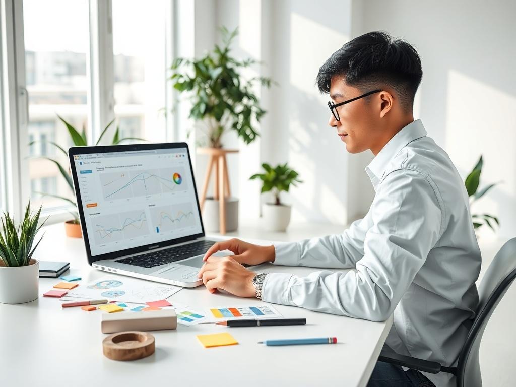 Create a realistic high-resolution photo that captures the essence of UX design. The image should feature a single, focused subject: a UX designer at work in a modern, minimalistic workspace. The designer, a young adult with short dark hair and glasses, is seated at a sleek desk, intently analyzing a wireframe on a laptop screen. Surrounding the designer, include design elements such as sketches, sticky notes, and color palettes, all organized neatly to emphasize clarity and professionalism.

In the backgro