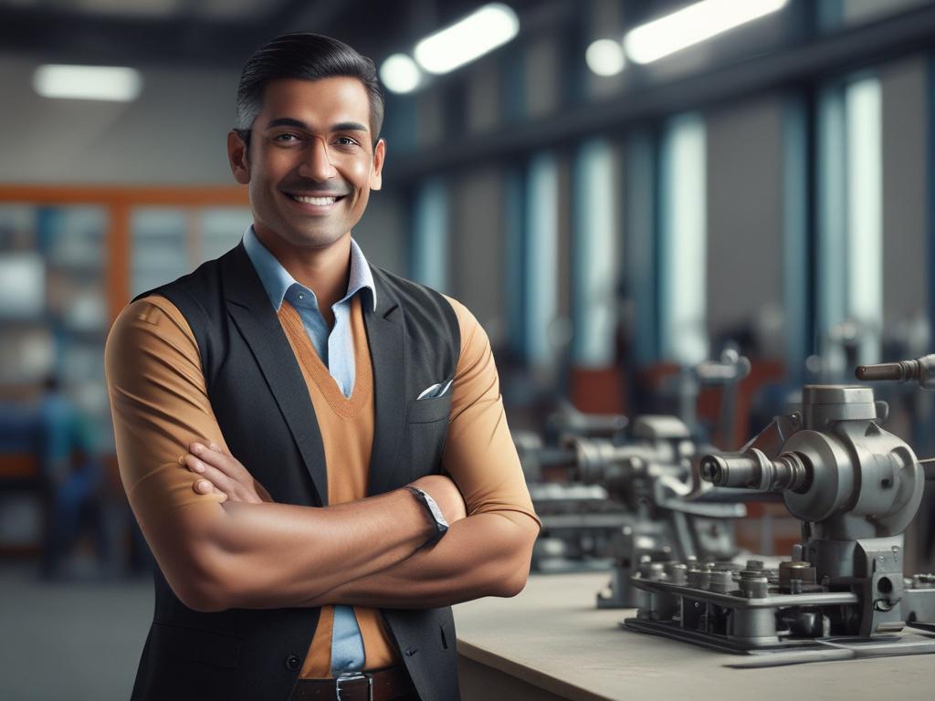 A normal Indian businessman observing his manufacturing unit with a sense of achievement. He is smiling and dressed in a smart casual outfit, standing confidently with arms crossed. The background features a well-organized manufacturing space with machinery and workers engaged in productive tasks. The setting is bright and inviting, emphasizing a successful business environment. The image should be realistic and high-resolution, capturing the essence of satisfaction and accomplishment.