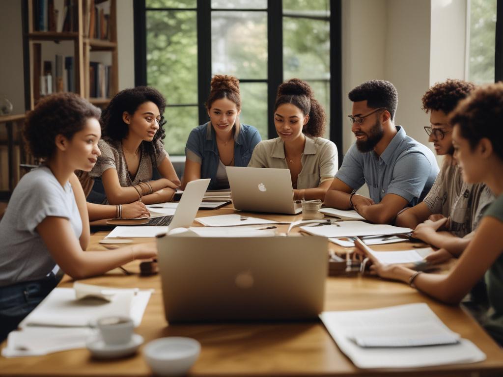 A focused image of a diverse group of people engaged