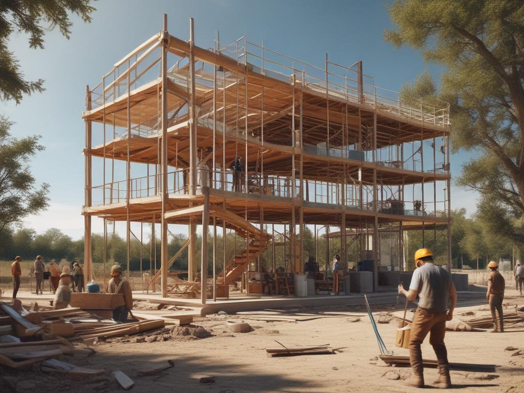 A construction site with a partially built house, showcasing scaffolding