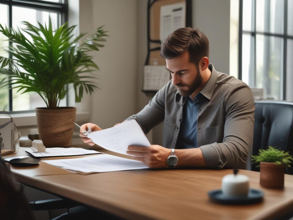 A focused client reviewing loan application documents while sitting at