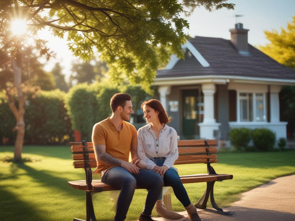 A heartwarming scene depicting a happy couple sitting on a comfortable garden bench in front of a beautiful bungalow. In the background, a well-maintained garden is visible, filled with vibrant flowers and lush greenery. The couple is smiling, radiating joy and satisfaction, while their children play happily in the grass, showcasing a sense of family togetherness. This image evokes feelings of self-achievement and contentment, emphasizing the rewards of homeownership and financial success.