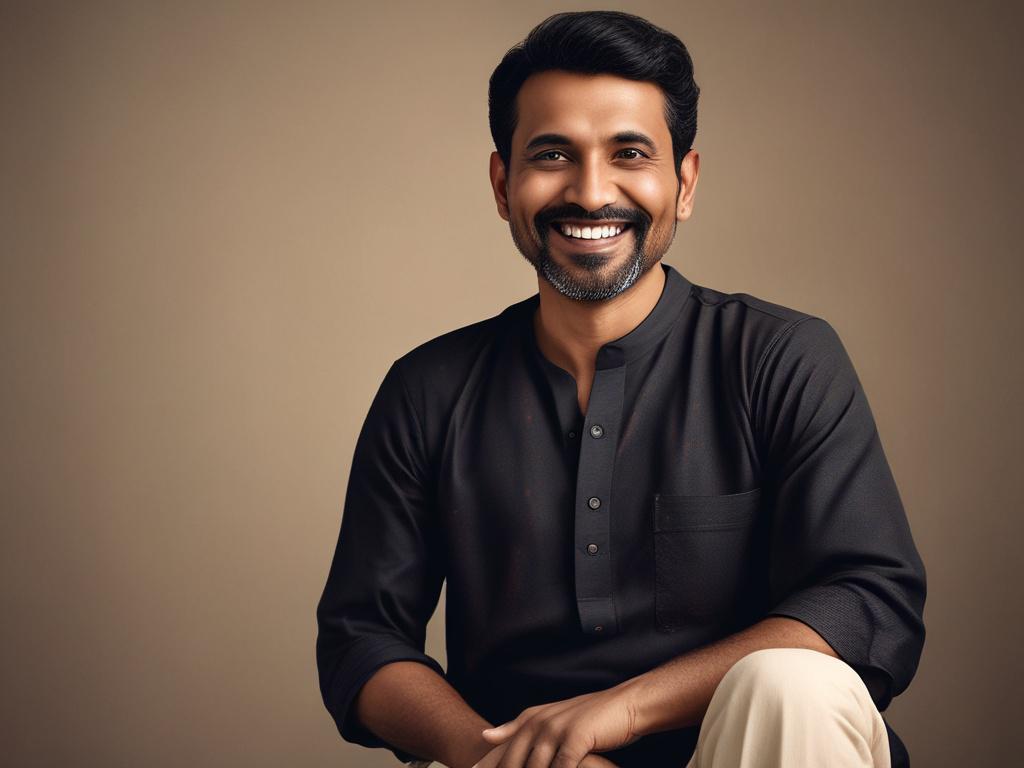 A 42-year-old Gujarati man with a warm, smiling face, radiating positivity and confidence. He is wearing a traditional kurta, set against a simple, uncluttered background that emphasizes his approachable demeanor. The lighting is bright and inviting, highlighting his joyful expression. The composition is centered around him, capturing the essence of success and satisfaction.