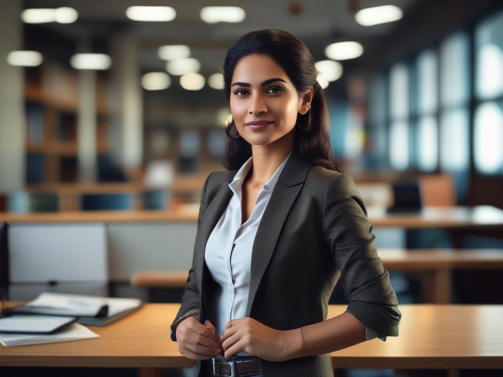 A professional Indian woman, 35 years old, standing confidently in an architectural office. She is wearing smart casual attire, showcasing a blend of professionalism and creativity. The background features architectural blueprints and models, emphasizing her profession as an architect. The lighting is warm and inviting, highlighting her positive demeanor. The image should capture her focused expression as she engages with her work, reflecting empowerment and success in her career.