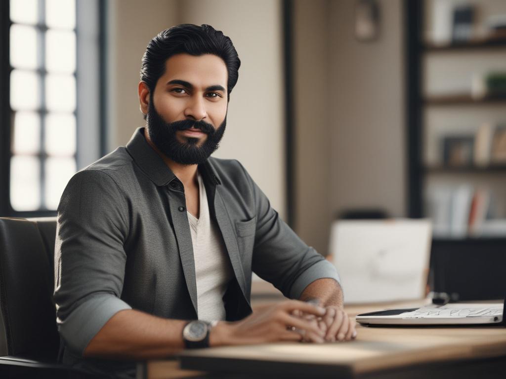 A 37-year-old Indian man with black hair and a trimmed beard, sitting confidently in a modern office setting. He is wearing a smart casual outfit, exuding professionalism and approachability. The background features subtle earthy tones and natural textures, creating a grounded atmosphere. The image should convey a sense of trust and success, as the man smiles warmly, showcasing his satisfaction with financial services. The composition is clean and focused on the subject, ensuring clarity and connection.