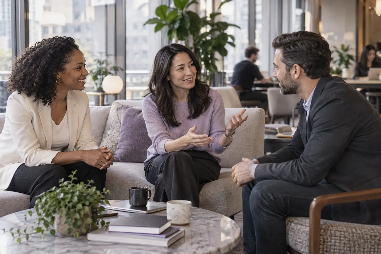 Three business professionals having a warm, informal introduction