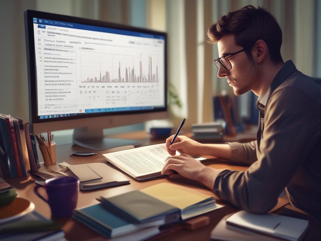 hyper realistic close up of a person studying finance with