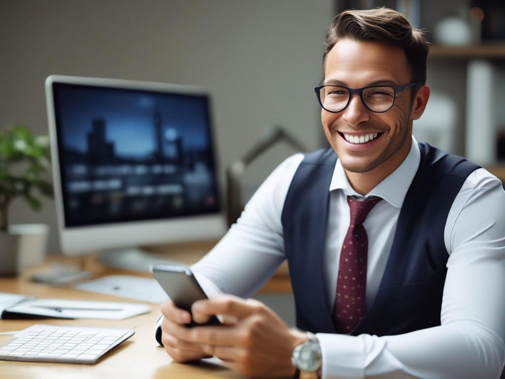 a close up shot of a successful investor smiling while