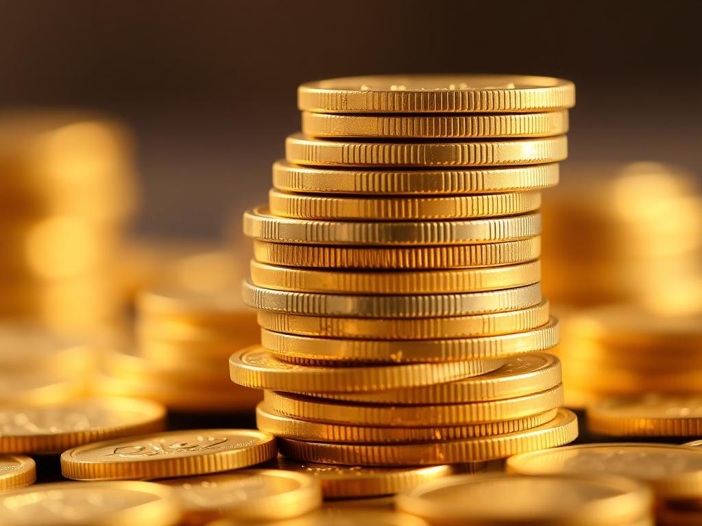 A close-up shot of a pile of gold and silver coins stacked neatly. The background is softly blurred to emphasize the shiny textures of the coins, showcasing their metallic luster. The lighting is warm and inviting, highlighting the details of the coins, shot with a 45mm f/1.2 lens.