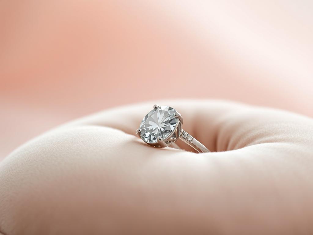 A detailed close-up shot of an elegant diamond ring resting on a soft velvet cushion. The focus is sharp on the ring, showcasing its sparkle and intricate design. The background is a softly blurred gradient, enhancing the luxurious feel of the image, shot with a 45mm f/1.2 lens.