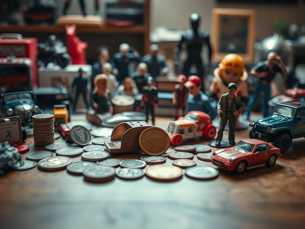 A close-up shot of an assortment of small collectibles, including rare coins, vintage toy cars, and action figures, displayed artfully on a wooden table. The details of each item are highlighted, with a warm light creating an inviting atmosphere, shot with a 45mm f/1.2 lens.