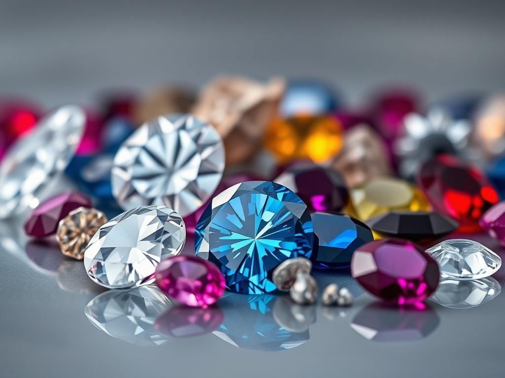 A detailed close up shot of various gemstones, including diamonds,