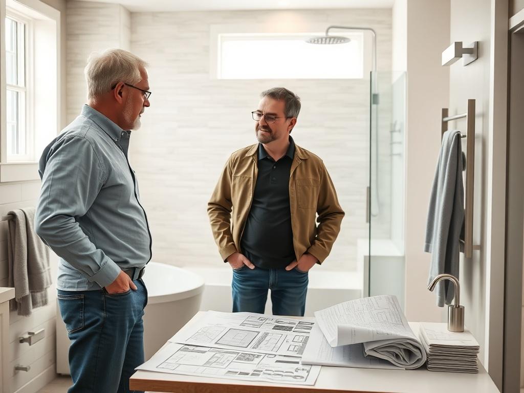 A bright, clean bathroom with a professional consultant discussing plans
