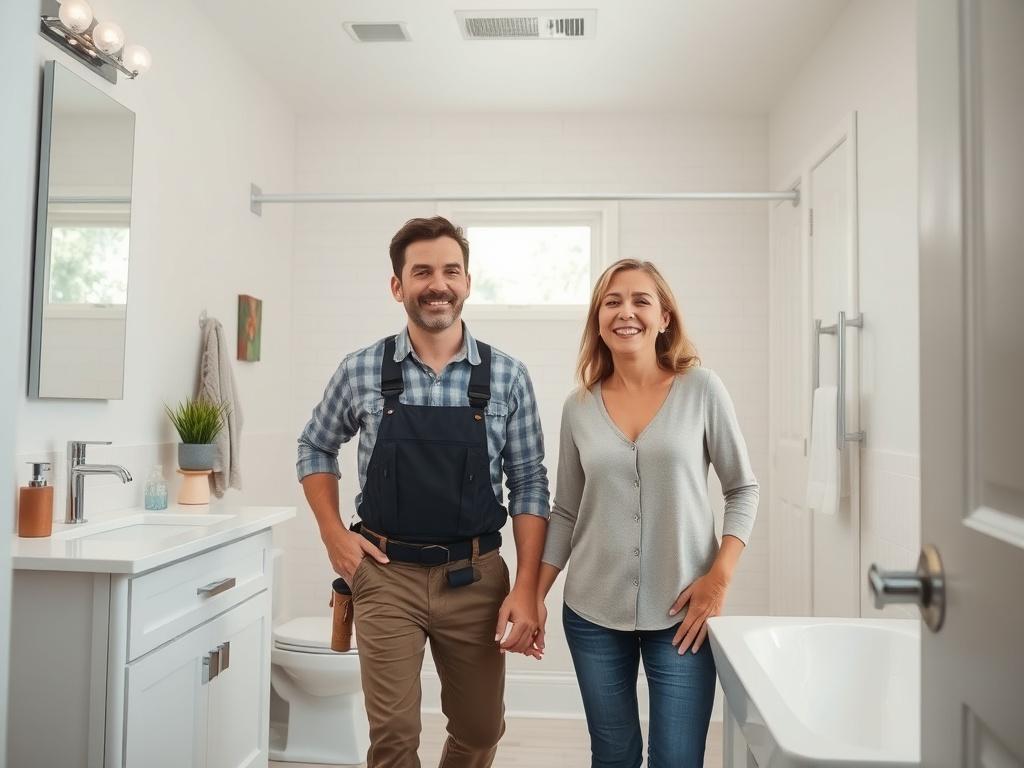 A homeowner joyfully exploring their newly remodeled bathroom with a