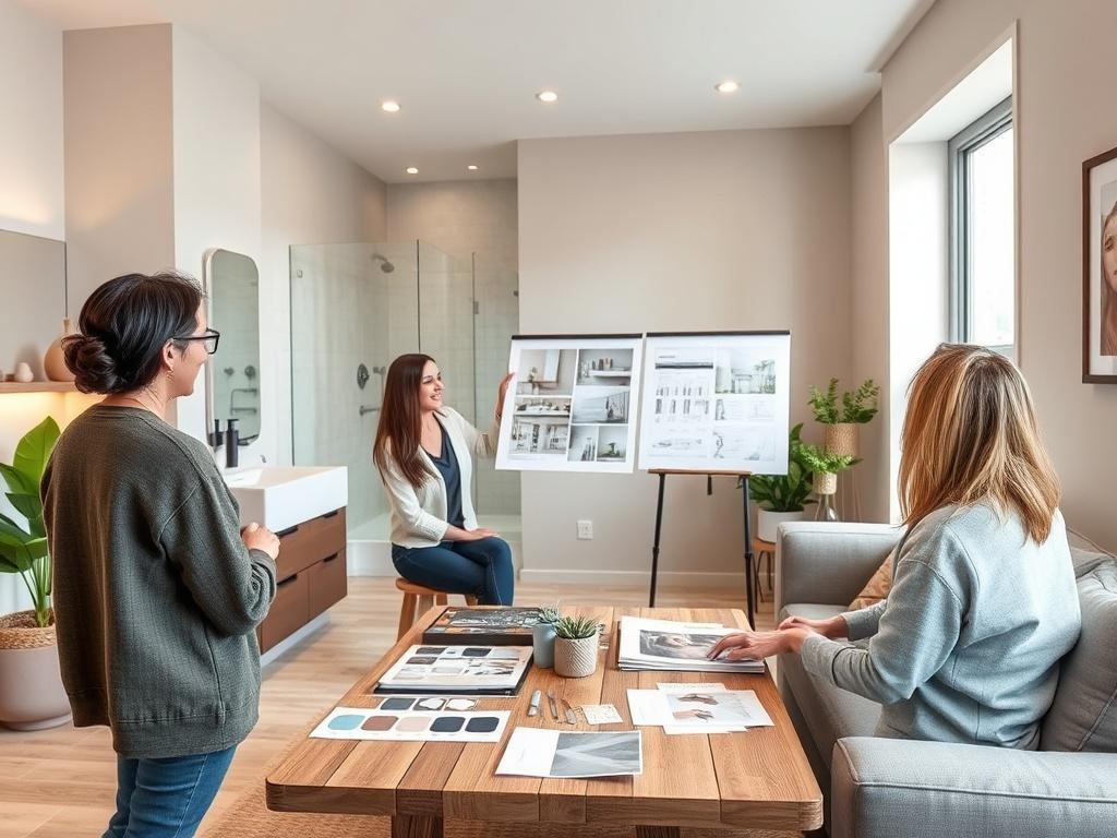 A design proposal scene showing a designer presenting 3D renderings