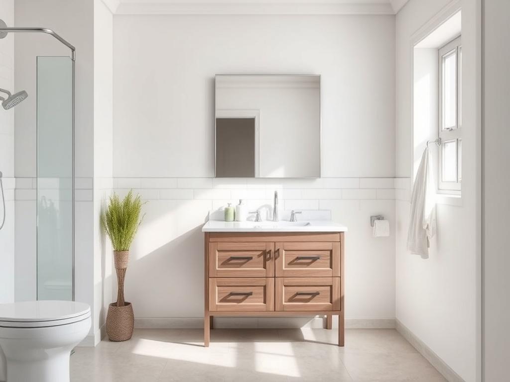 A realistic high-resolution photo of a newly installed bathroom vanity in a clean, modern bathroom. The image should highlight the vanity's design and functionality, with natural lighting and neutral tones enhancing the atmosphere, showcasing an authentic, practical bathroom environment.