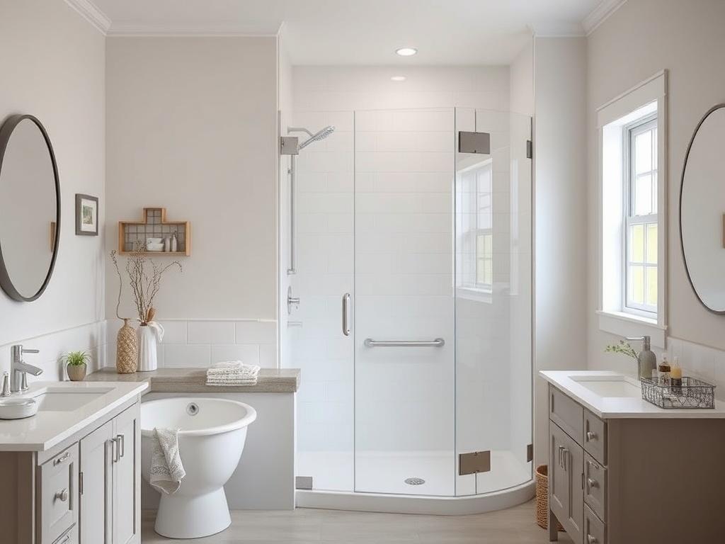 A realistic high-resolution photo of a newly installed acrylic shower in a clean, practical bathroom setting. The image should showcase the shower's sleek design and quality craftsmanship, with natural lighting highlighting the materials used. The bathroom should appear lived-in, with neutral tones and authentic decor, emphasizing functionality and comfort.