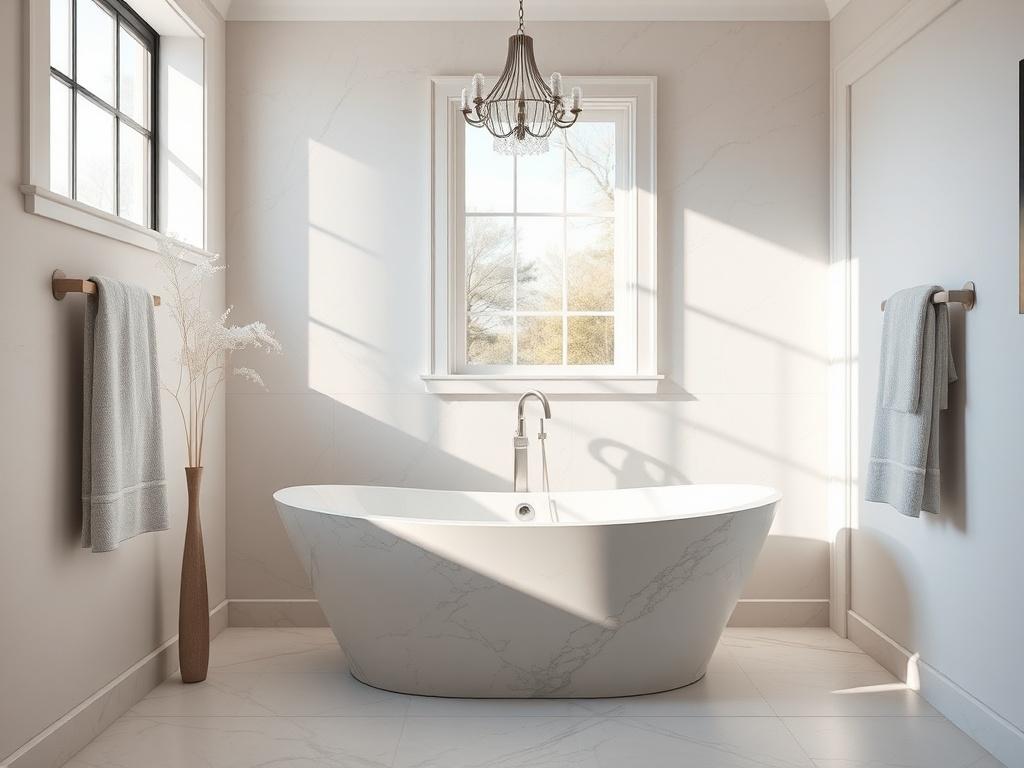 A high-resolution photo of a newly installed marble composite bathtub in a well-lit, inviting bathroom. The image should focus on the bathtub's elegant design and quality finish, set in a realistic home environment with neutral tones and natural lighting, showcasing a practical yet stylish bathroom.