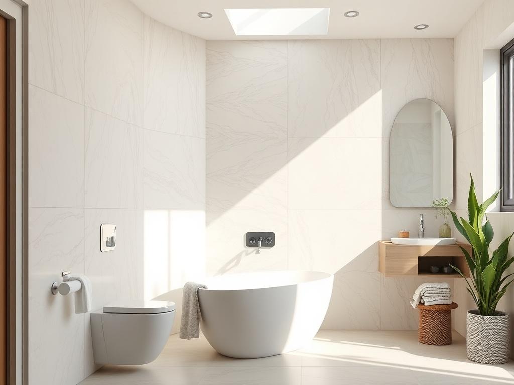 A well-lit bathroom featuring a beautiful acrylic wall finish, emphasizing the texture and design of the material. The setting should be realistic, showcasing a clean and modern aesthetic with neutral tones. Natural light should illuminate the space, focusing on the craftsmanship and practical features of the wall installation.