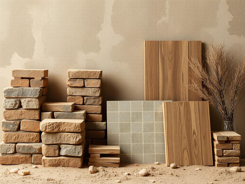 A realistic high-resolution photo of a variety of building materials like bricks, wood, and tiles displayed in a natural, earthy setting. The composition should be simple, focusing on the textures and colors of the materials, with a rustic aesthetic. The background should be neutral and unobtrusive, enhancing the visual appeal of the materials.