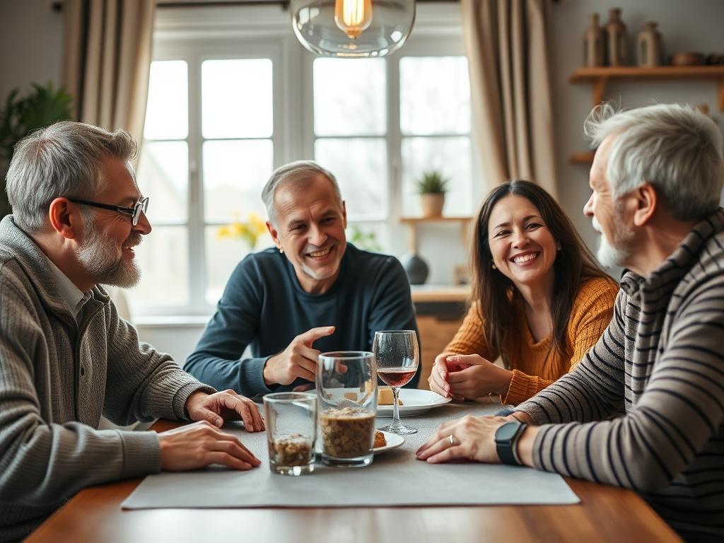 A close-up shot of a family having a candid and joyful discussion around a table, with smiles and supportive gestures, set in a cozy home environment, captured with a 45mm f/1.2 lens.