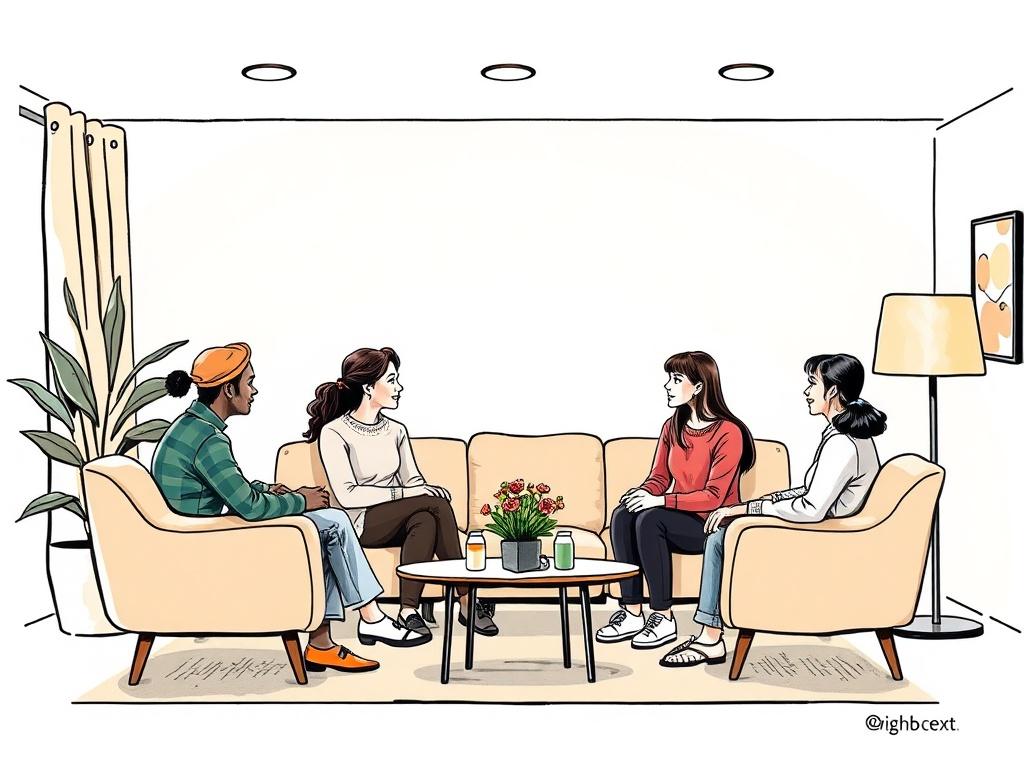 A serene mediation space where a diverse family group engages in conversation with a mediator. The setting is calm and inviting, with comfortable seating and soft lighting, fostering open dialogue and understanding. The illustration captures the essence of collaboration and harmony, depicting positive emotions and interactions. The style is dynamic and fluid, rendered in ink, with a primary color theme of rgb(251, 209, 52).
