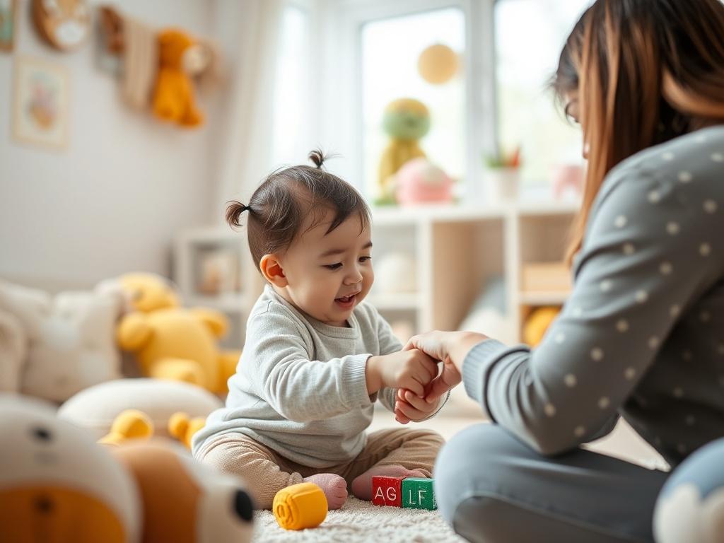 A close-up shot of a caring family interaction in a safe and structured environment, highlighting a child playing with a parent in a bright room filled with soft toys and warm colors, captured with a 45mm f/1.2 lens.