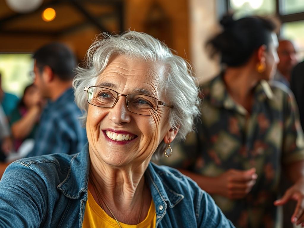 A close-up shot of an adult confidently engaging in a community activity, showcasing a vibrant and supportive environment with people interacting happily, captured with a 45mm f/1.2 lens.