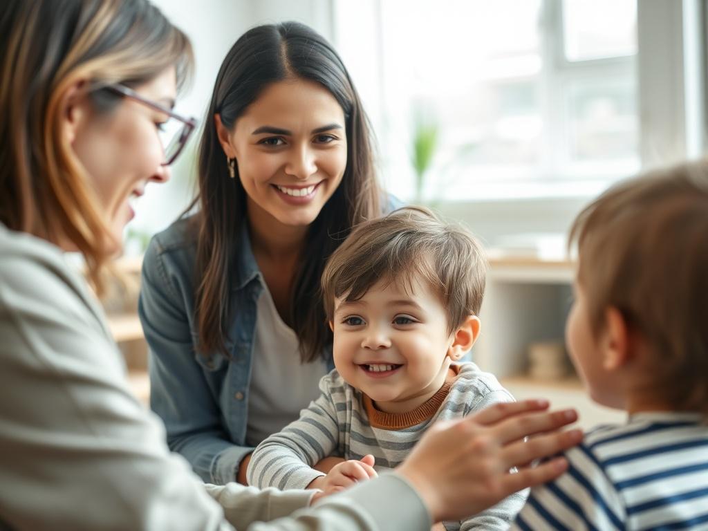 A close-up shot of a caring professional observing a child and parent engaging in a supervised contact session, set in a bright and welcoming room. The focus is on the warm expressions and the safe environment, with soft natural lighting enhancing the atmosphere.