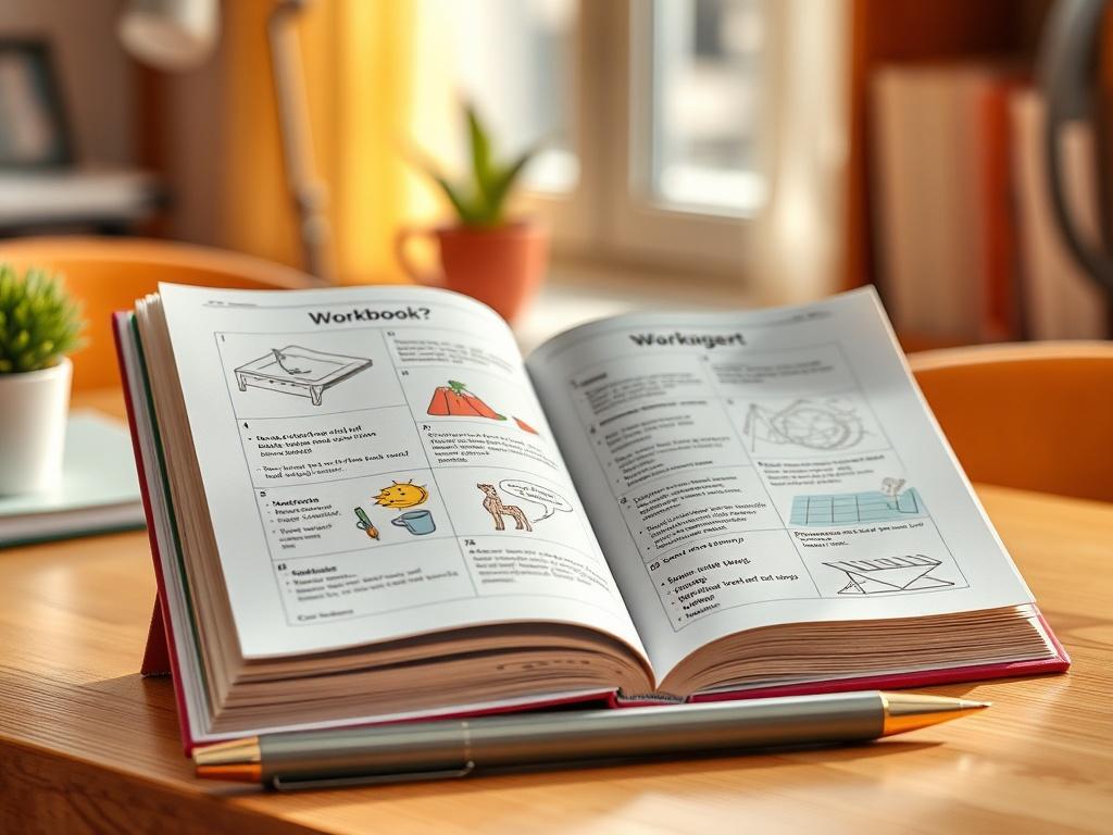 A realistic high-resolution photo of a colorful workbook open on a desk with a pen beside it. The workbook should have engaging illustrations and prompts visible in the image. A warm, inviting background with soft natural light should enhance the scene.