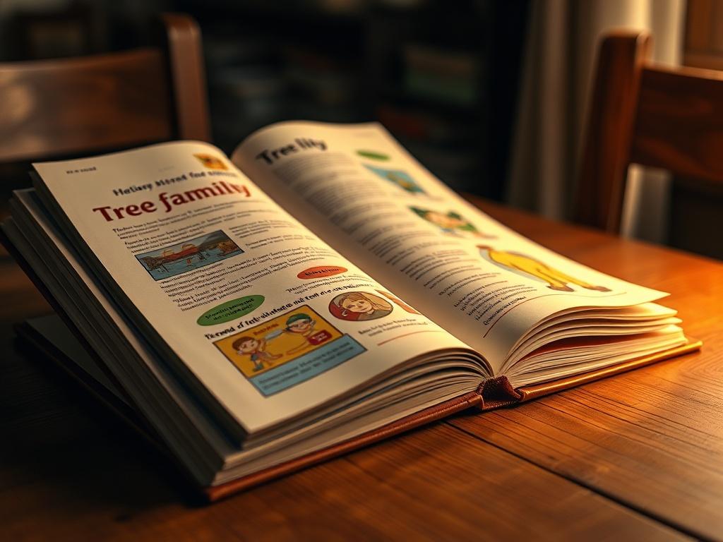 A realistic high-resolution photo of an open guidebook on a wooden table, with a warm light illuminating the pages. The guidebook should feature colorful illustrations and text that suggest family interactions. The background should be softly blurred to emphasize the guidebook as the main subject.