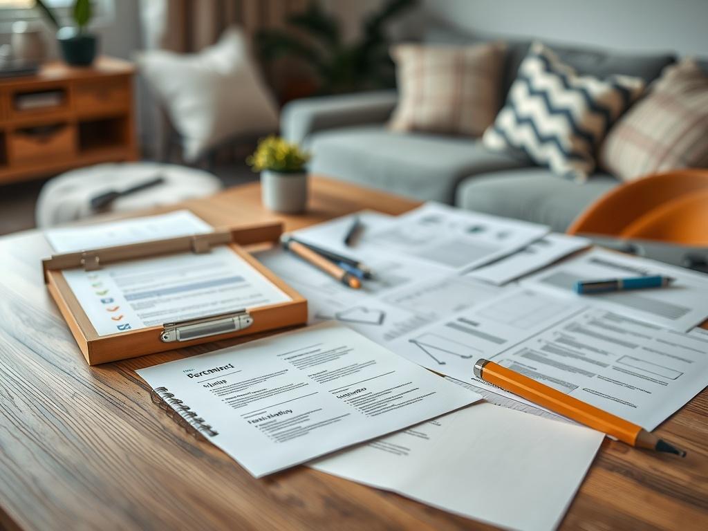 A realistic high-resolution photo of a toolkit laid out on a table, featuring documents, checklists, and planning templates. The background should be a cozy living space with soft focus, emphasizing a sense of independence and support.