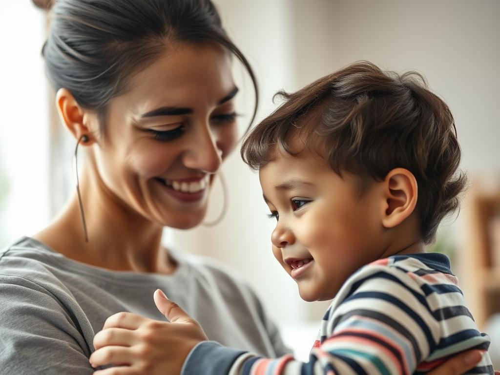 A close-up shot of a caring family support worker interacting with a child in a warm, inviting environment. The background features soft, natural lighting that creates a sense of safety and comfort. The subject is smiling and engaged, reflecting a professional yet compassionate demeanor. The image should convey warmth, support, and a focus on nurturing relationships.