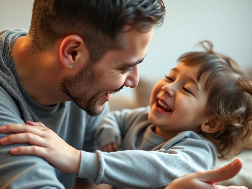 A close-up shot of a caring family interaction in a supervised contact session, showing a parent and child engaging in a playful activity, with warm lighting and a neutral background that emphasizes a safe environment. The focus is on their expressions of joy and connection.